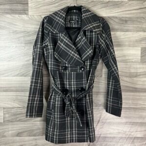 Rue21 Womens Dress Coat Black Plaid Buttons Lined Wool Blend Collar Belted M
